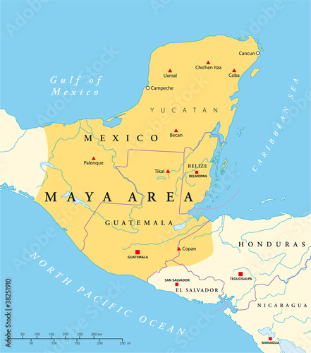 Maya area political map. Mesoamerican civilization and high culture of pre-Columbian Americas. Capitals, national borders and most important ancient cities. Illustration with English labeling. Vector.