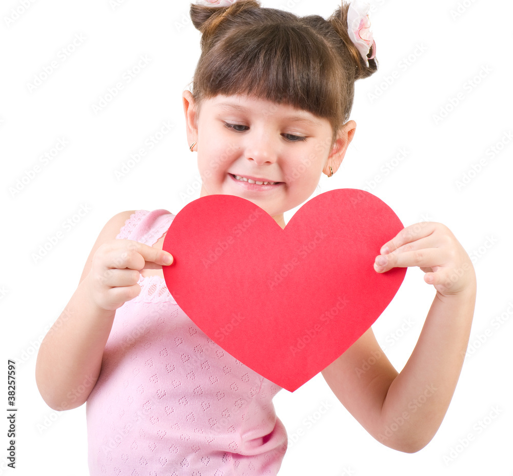 Happy little girl with red heart isolated on white Happy little girl with red heart isolated on white