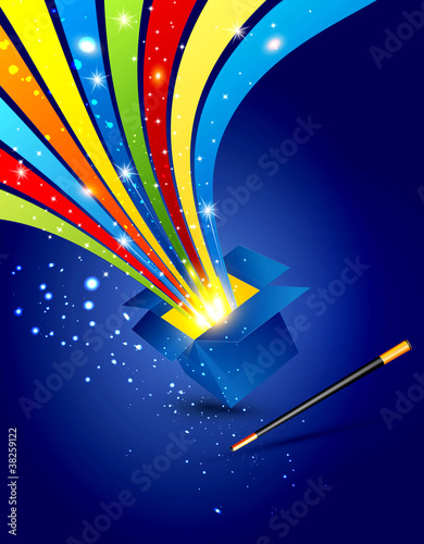 Magic background with an open box and a magic wand