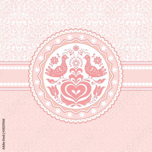 Birds and heart folk style pink greeting card