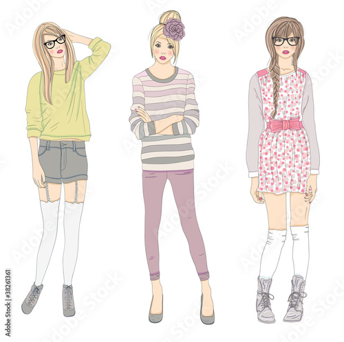 Young fashion girls illustration. Vector illustration.