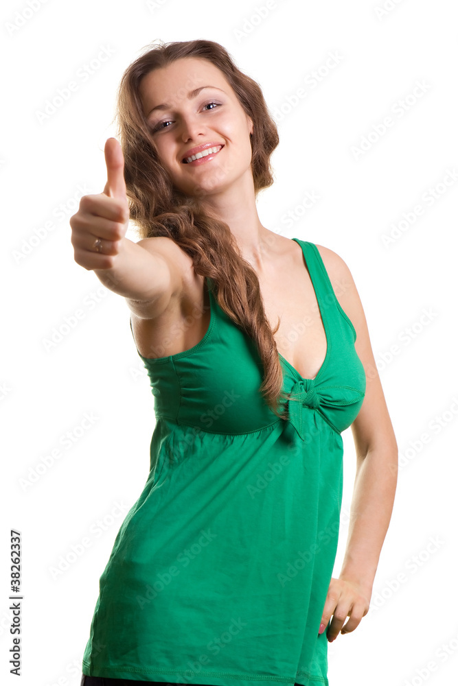 happy woman isolated with thumb up on white background happy woman isolated with thumb up on white background