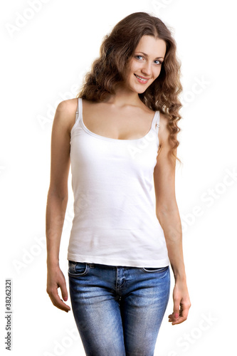 pretty young woman in  white T-shirt and jeans on white backgrou © Inna Vlasova