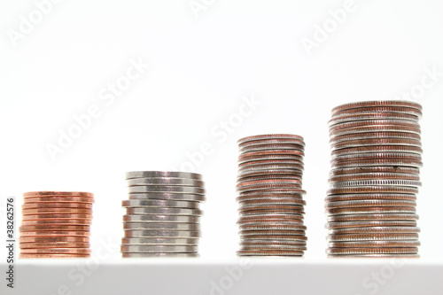 Stair stepped stacks of US coins photo