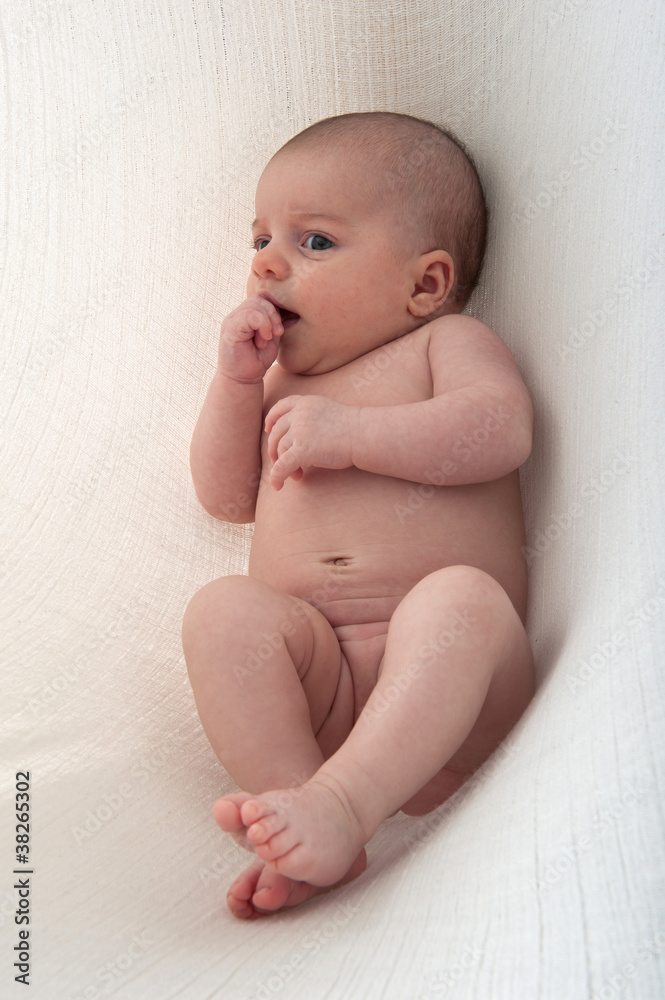 Newborn Baby on a white background. Hanging in cotton sling. Newborn Baby on a white background. Hanging in cotton sling.