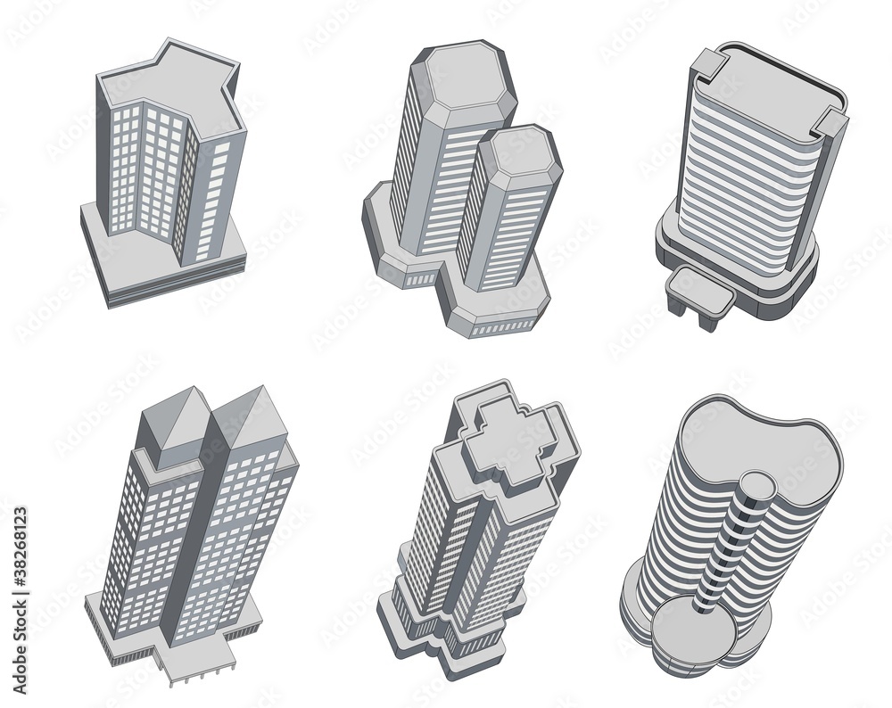 Tall building icons with perspective views