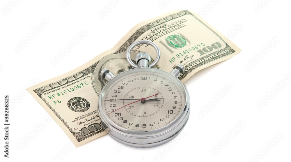 stopwatch with dollar bill isolated stopwatch with dollar bill isolated
