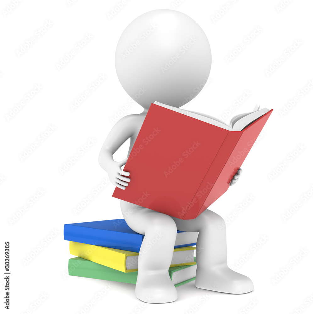 3D little human character sitting on a pile of Books, reading 3D little human character sitting on a pile of Books, reading