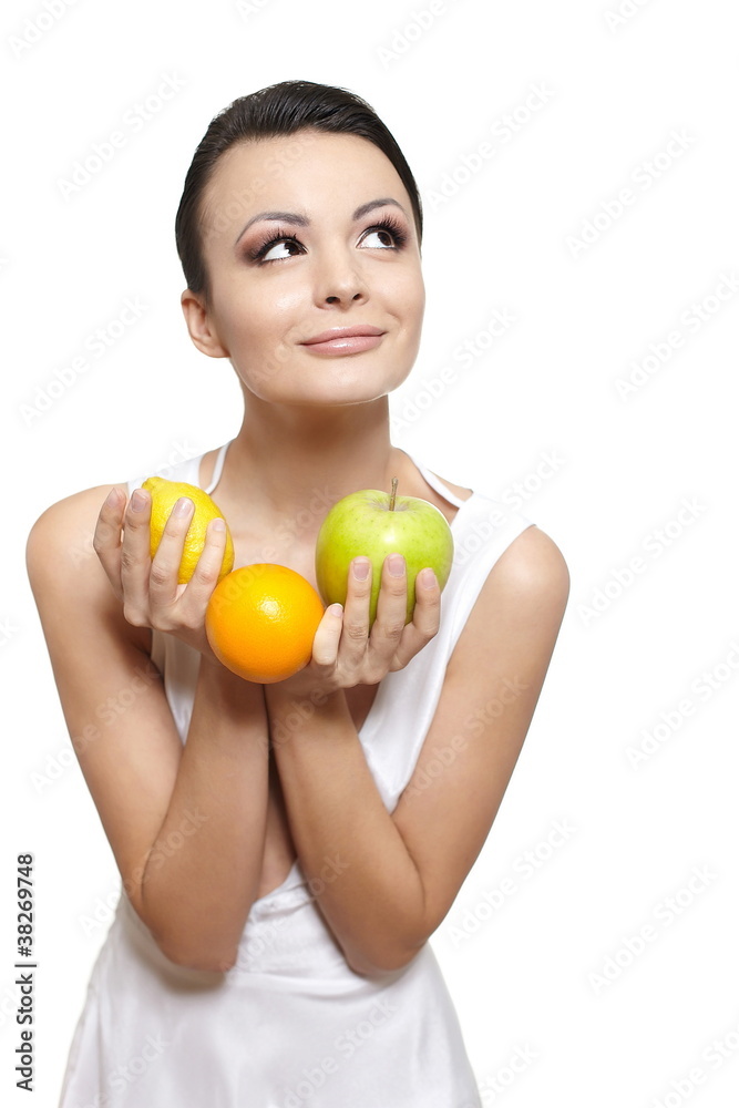 happy smiling girl with  fruits lemon and green apple