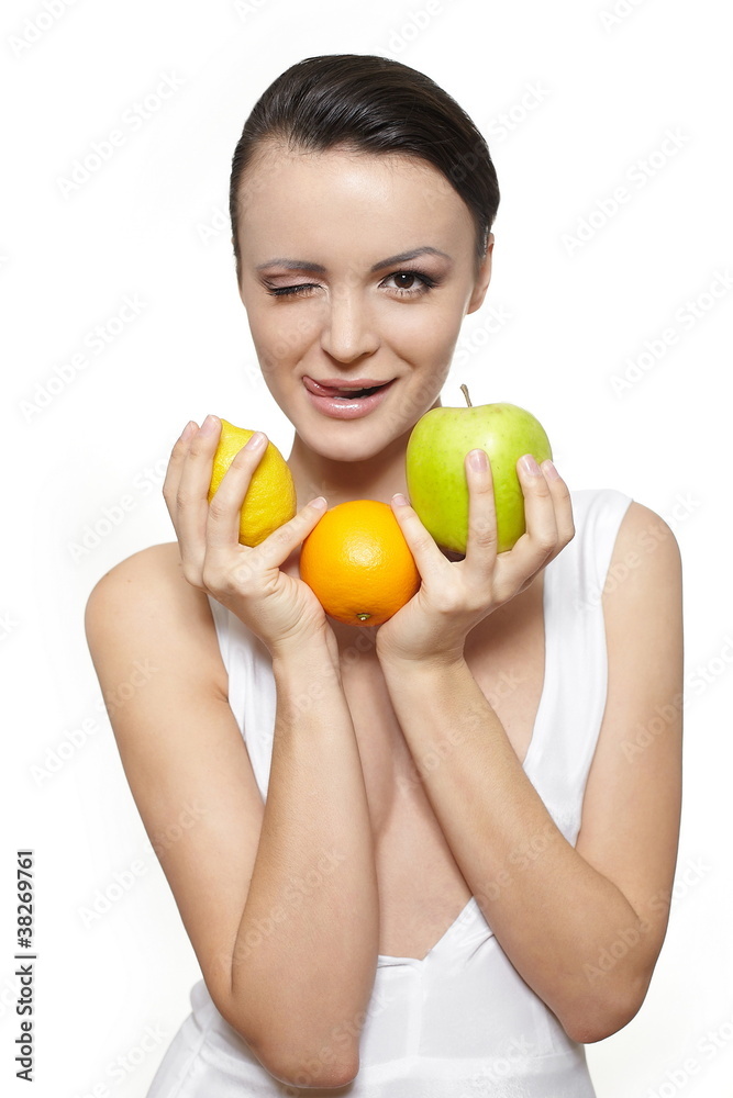 happy smiling girl with fruits lemon and green apple happy smiling girl with fruits lemon and green apple