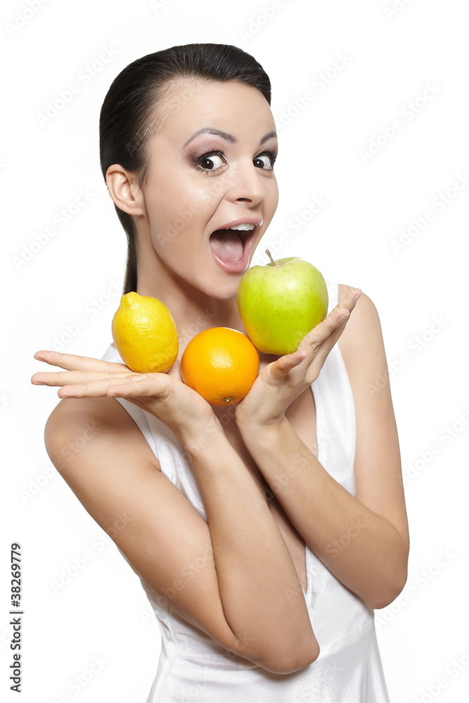 happy smiling girl with fruits lemon and green apple happy smiling girl with fruits lemon and green apple