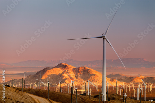 Modern windmills in sunset