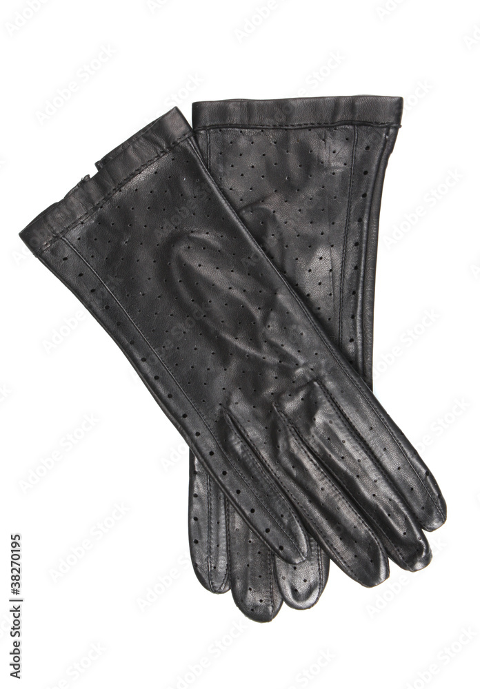 Beautiful black leather women's gloves isolated on white Beautiful black leather women's gloves isolated on white