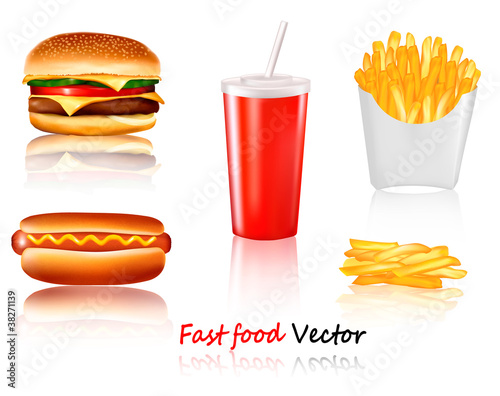 Big group of fast food products. Vector.