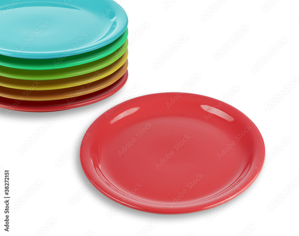 stack of colorful plates with empty red one stack of colorful plates with empty red one