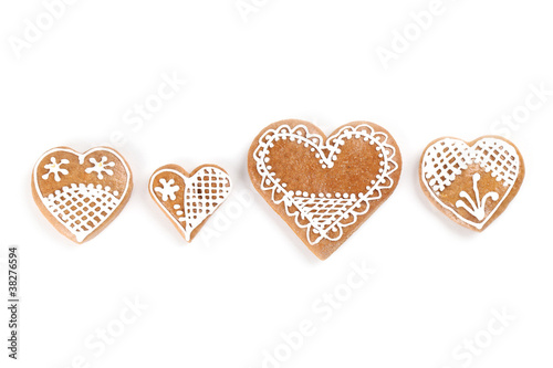 Gingerbread hearts on white background