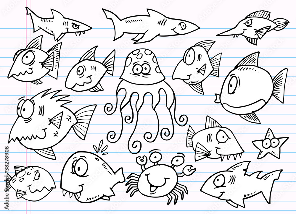 Notebook Doodle Sketch Ocean Animals Vector Set Notebook Doodle Sketch Ocean Animals Vector Set