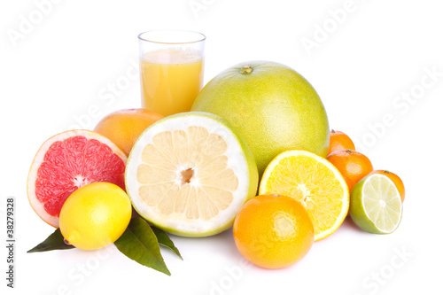 set of different citrus and juice