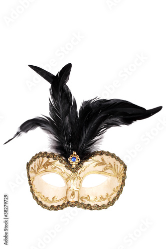 Gold and black feathered mask white with clipping path.