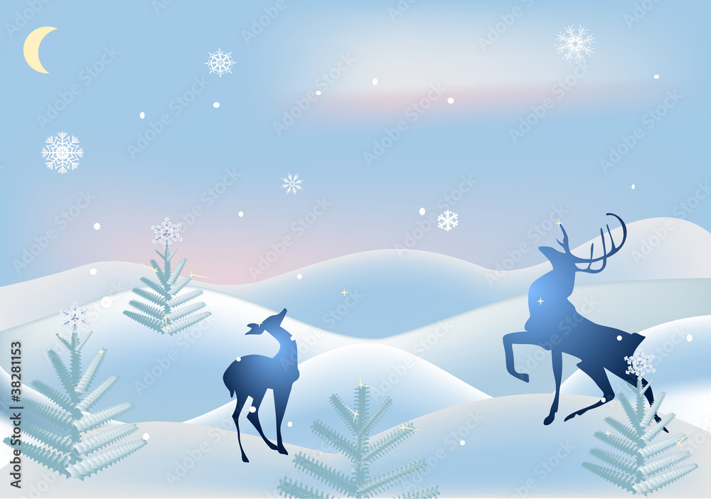 deers in blue winter landscape