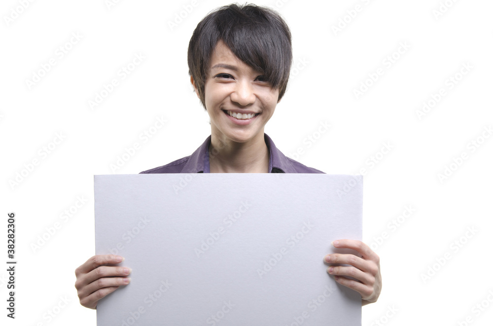 Beautiful businesswoman with blank paper for advertisement Beautiful businesswoman with blank paper for advertisement