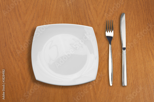 square white plate, knife a...