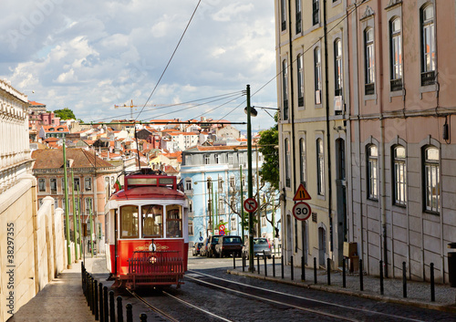 historic classic red tram of Lisbon