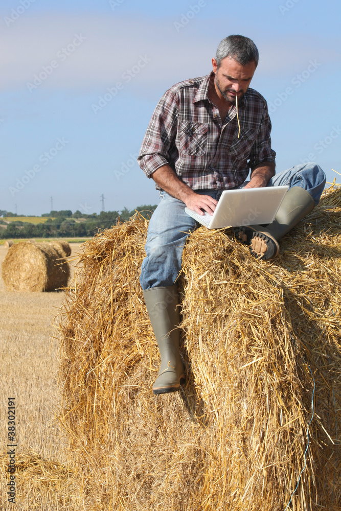 Farmer with a laptop on a haystack Farmer with a laptop on a haystack