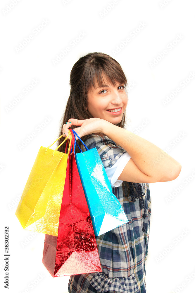 young girl with shopping bags