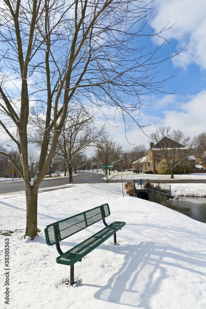 Winter city scene with a bench near pond  at neighborhood recrea