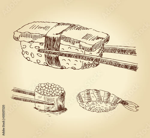 set of hand drawn sushi