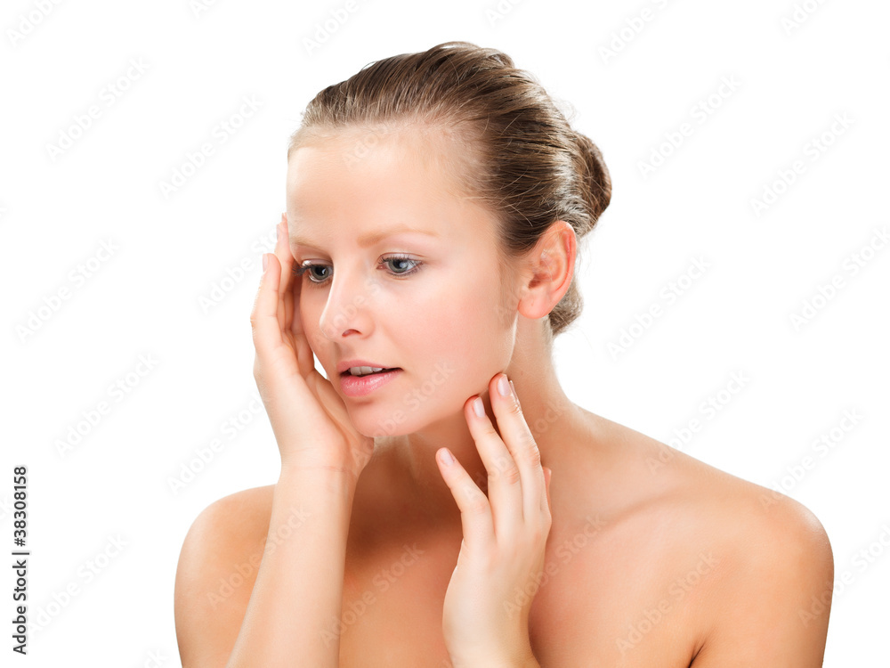 Portrait of young, attractive woman isolated on white background