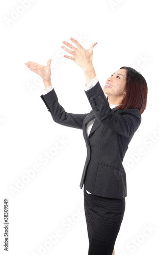 business woman look up isolated on white background