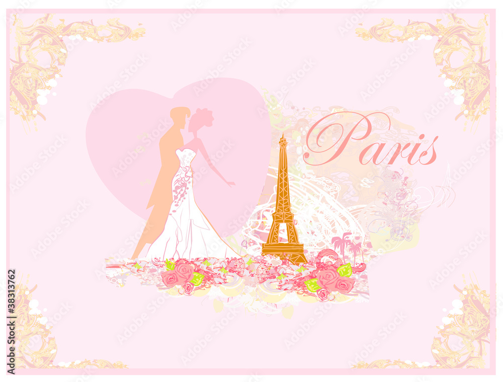 Romantic couple in Paris kissing near the Eiffel Tower. Romantic couple in Paris kissing near the Eiffel Tower.