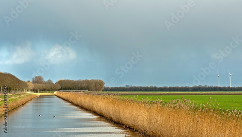 Rain clouds over water and agriculture