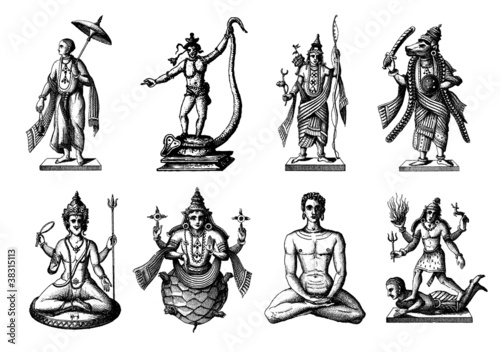 Engraving vintage Hindoo statues set.