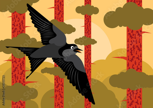 Bird flying in pine tree forest landscape background