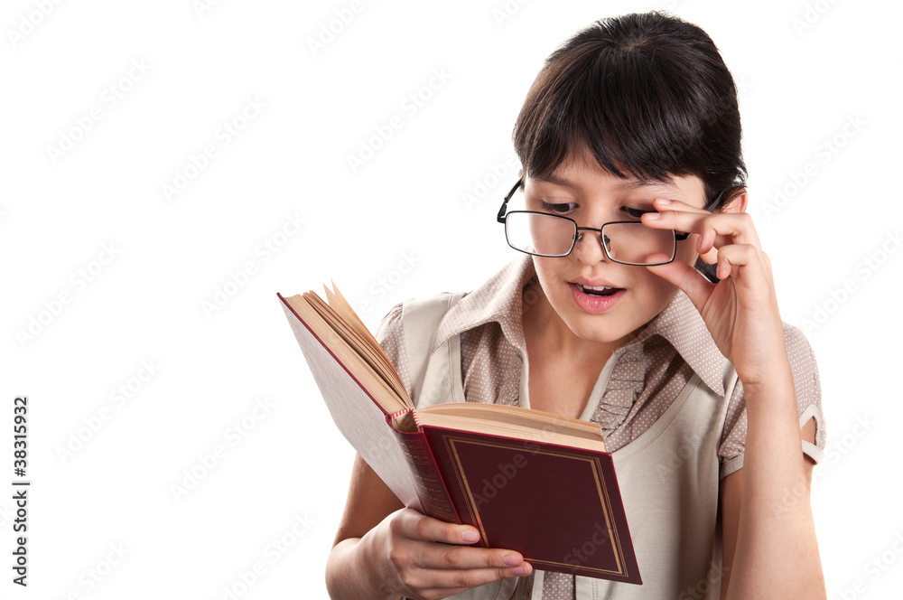 girl with glasses reading a book girl with glasses reading a book