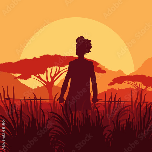 Native African hunter in wild nature landscape background