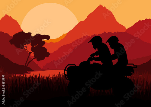 All terrain vehicle quad motorbike riders in wild nature