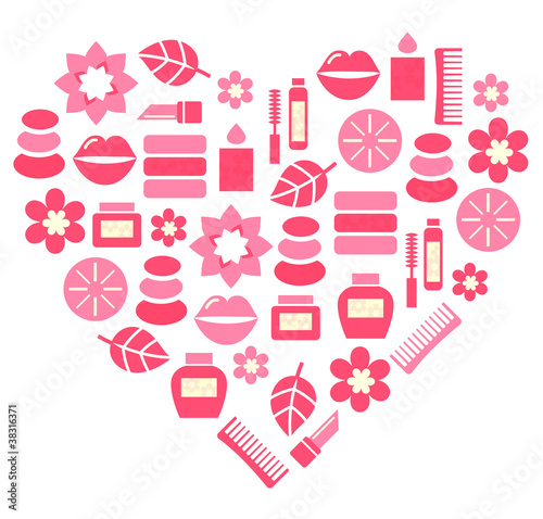 Pink abstract heart from cosmetic accessories isolated on white