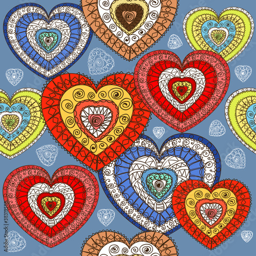 Ornamented color hearts seamless background