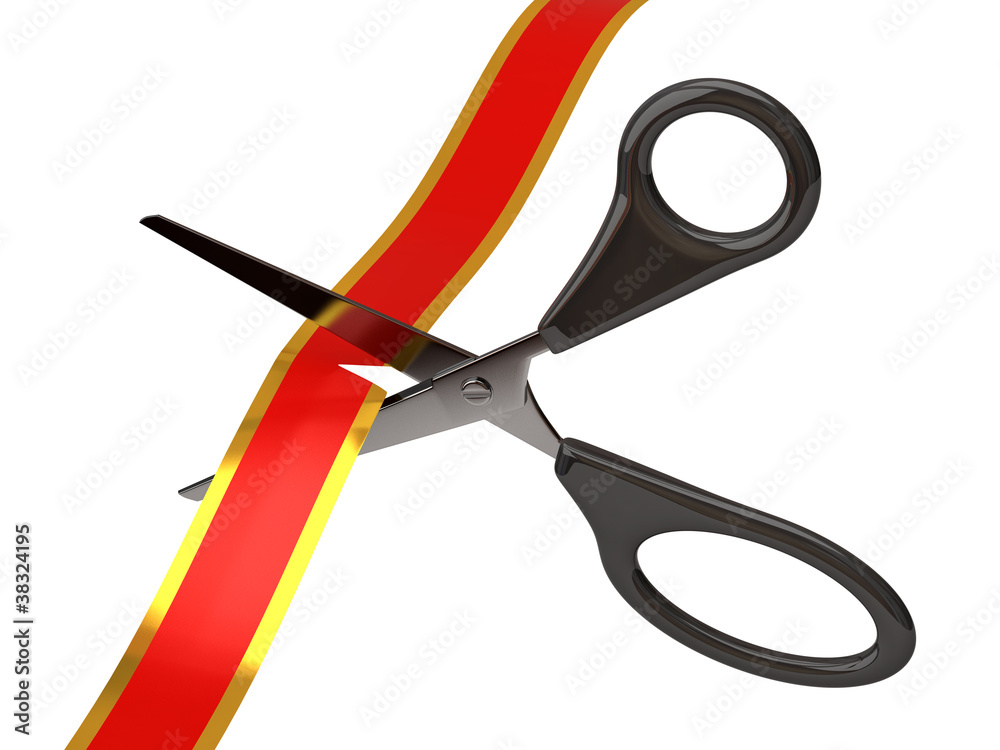 Scissors cutting red ribbon Scissors cutting red ribbon