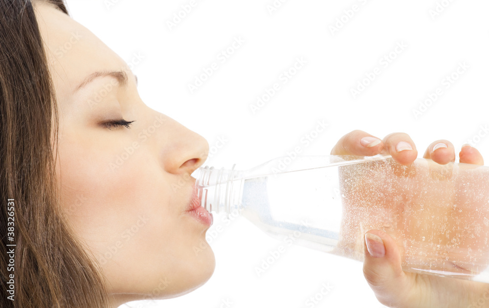 Woman in drinking water, isolated on white Woman in drinking water, isolated on white
