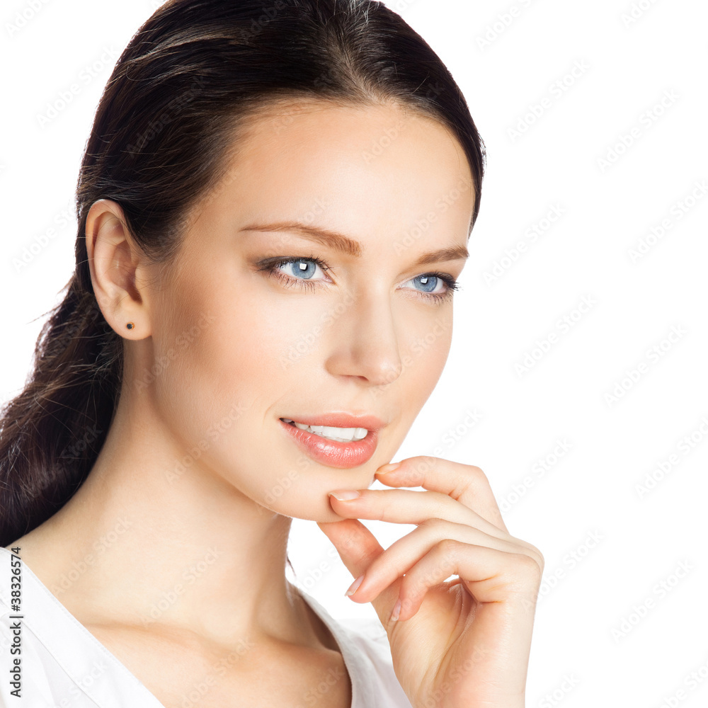 Thinking businesswoman, over white Thinking businesswoman, over white