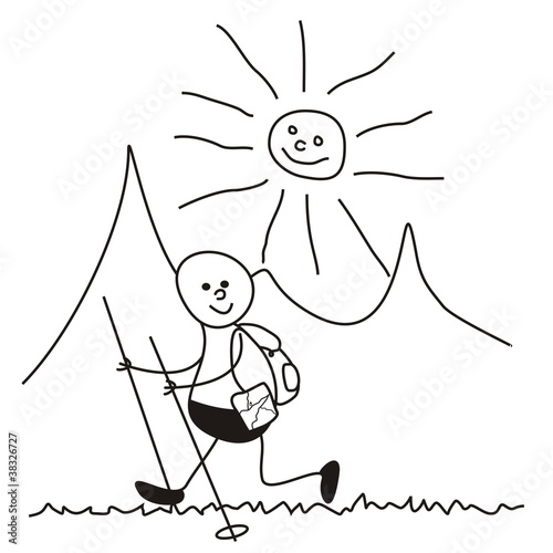 tourist, humorus illustration, man with bag, higing poles and map, vector