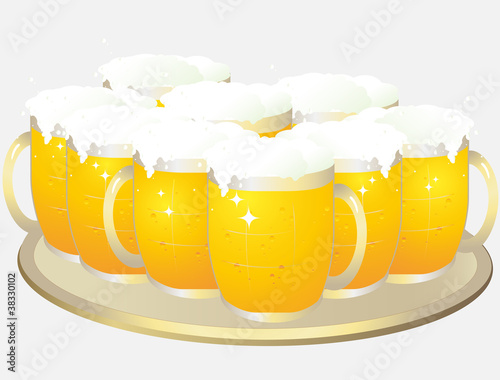 big tray with cartoon mugs of light beer