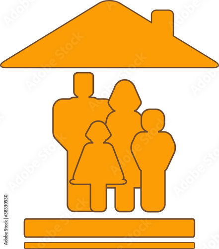 yellow vector sign with warm house and family silhouette