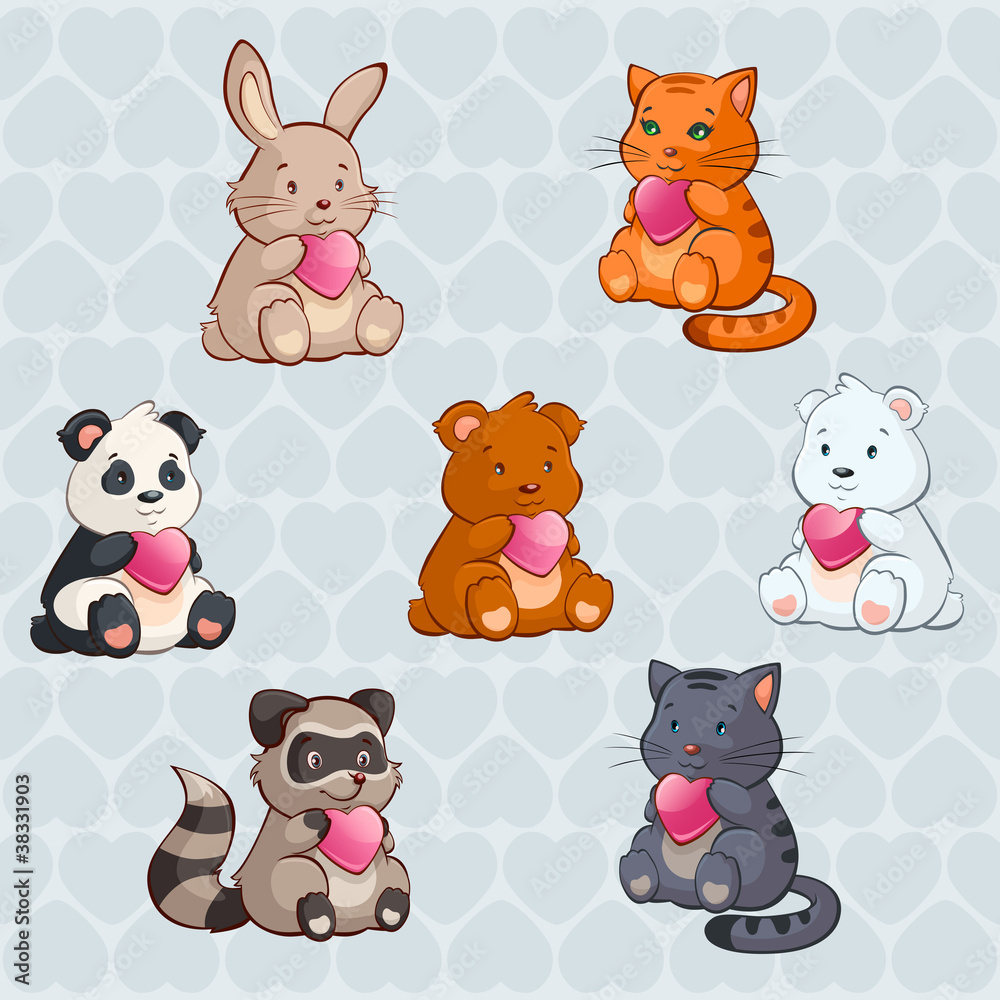 Obraz premium Cute Baby Animals holding Hearts - valentine day illustration in
