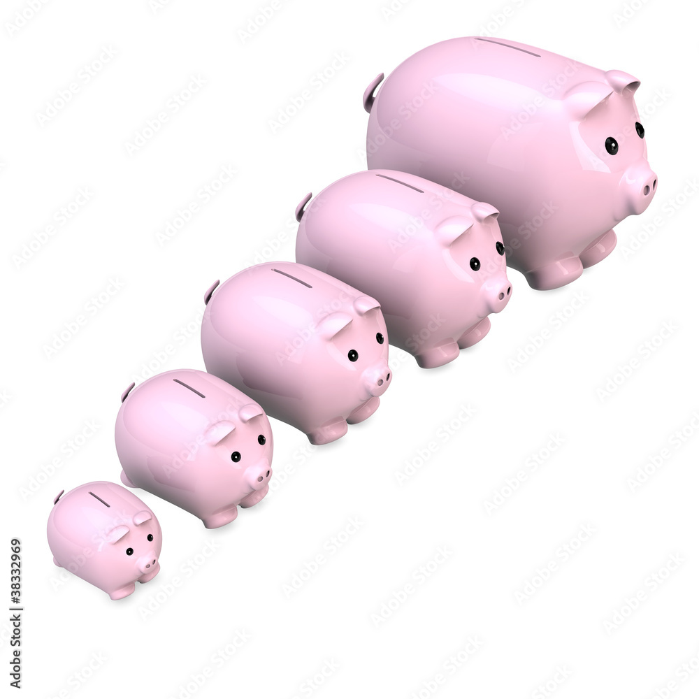 Fünf Sparschweine in einer Reihe